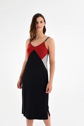 Kadın Bordo-Siyah Ayarlanabilir Askılı Yırtmaç Detaylı Elbise 20L6802