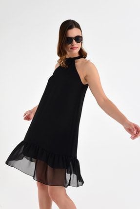 Kadın Siyah Yaka Detay Etek Ucu Volan Şifon Elbise 20L6837