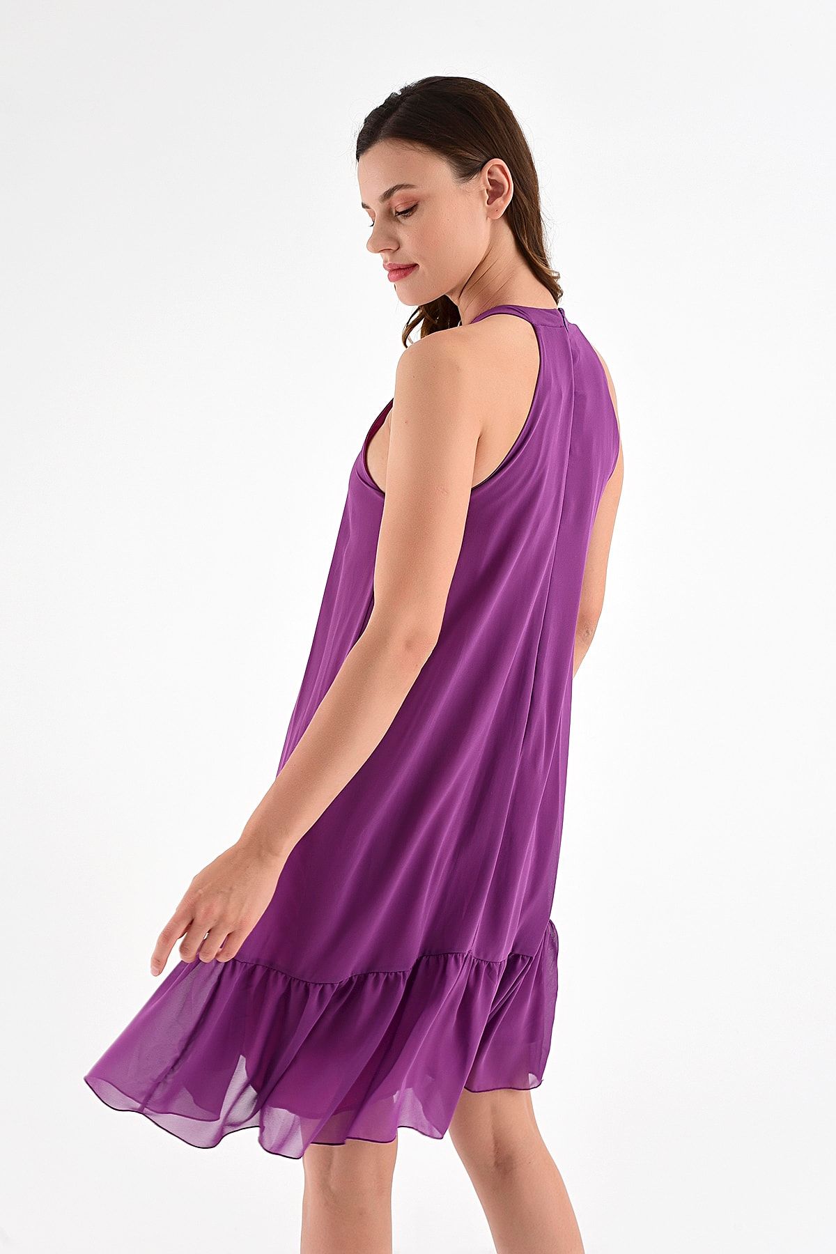 Laranor-Women's Purple Collar Detail Skirt Tip Flywheel Chiffon Dress 20L6837 4