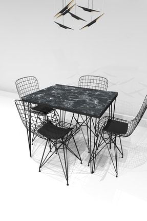 UGU XL Büyük Boy Yemek Mutfak Masası +4 Adet Tel Sandalye Mermer Desenli TGGXLMS-001