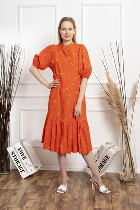 Kadın Orange Çiçek Baskılı Midi Elbise OÇBME61