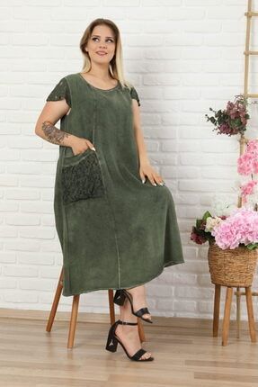 Kadın Haki Yeşil Büyük Beden Kolu Cebi Güpür Detay Lı Yıkamalı Viskon Elbise LK-0249