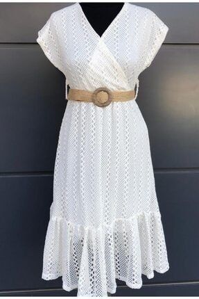 Kadın Beyaz Hasır Kemerli Elbise 2249