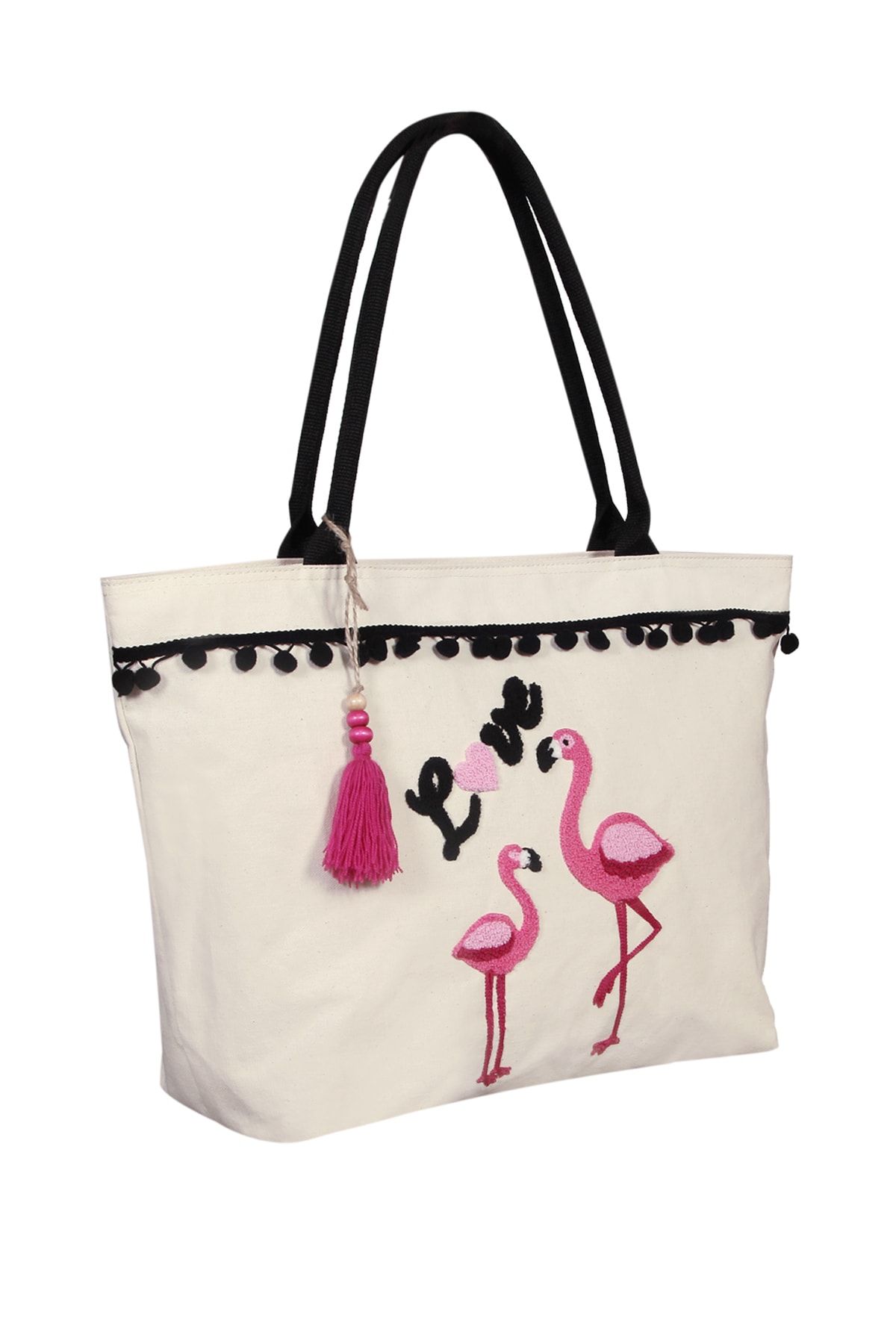 Bakras-Canvas Ecru Flamingo Embroidered Zippered Design Beach Bag with Pockets 1