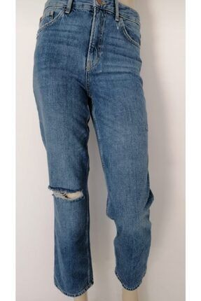 Kadın Mavi Mom Jeans Denim Kot Yırtıklı Orjinal Ithal Bayan Pantolon Boy Friend 409789