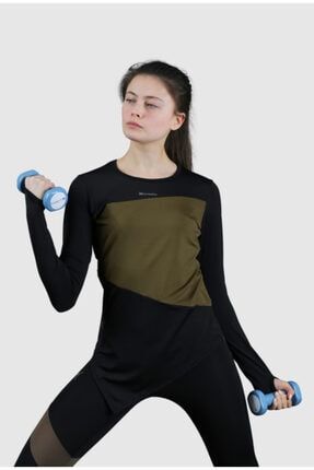 Kadın Siyah Haki Sporcu Uzun Kol T-shirt HLV1359