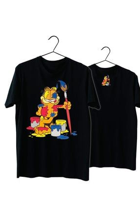 Unisex Siyah Garfield Ressam Pamuklu Normal Kalıp T-shirt v2021t191