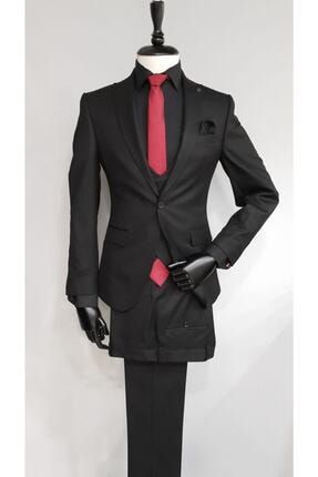 Erkek Siyah Slim Fit Tek Düğme Çift Yırtmaç Kruvaze Yaka Yelekli Takım Elbise 068995