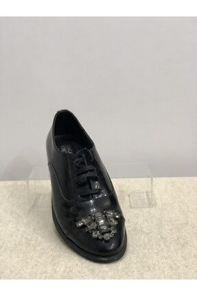 Siyah Hakiki Rugan Deri Straz Taş Tasarım Ayakkabı A21