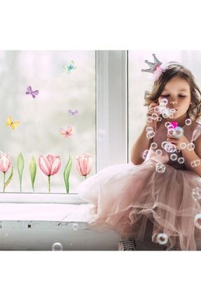 Bahar Rüyası Laleler Ve Kelebekler Bebek Ve Çocuk Odası Dekoratif Cam Sticker BL2101