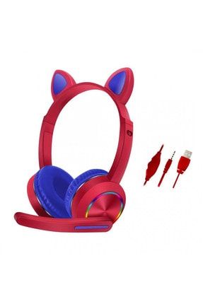 Mikrofonlu Gaming Oyuncu Kulaklık Işıklı Kedi Kulaklık Akz-020 Kırmızı AKZ-020