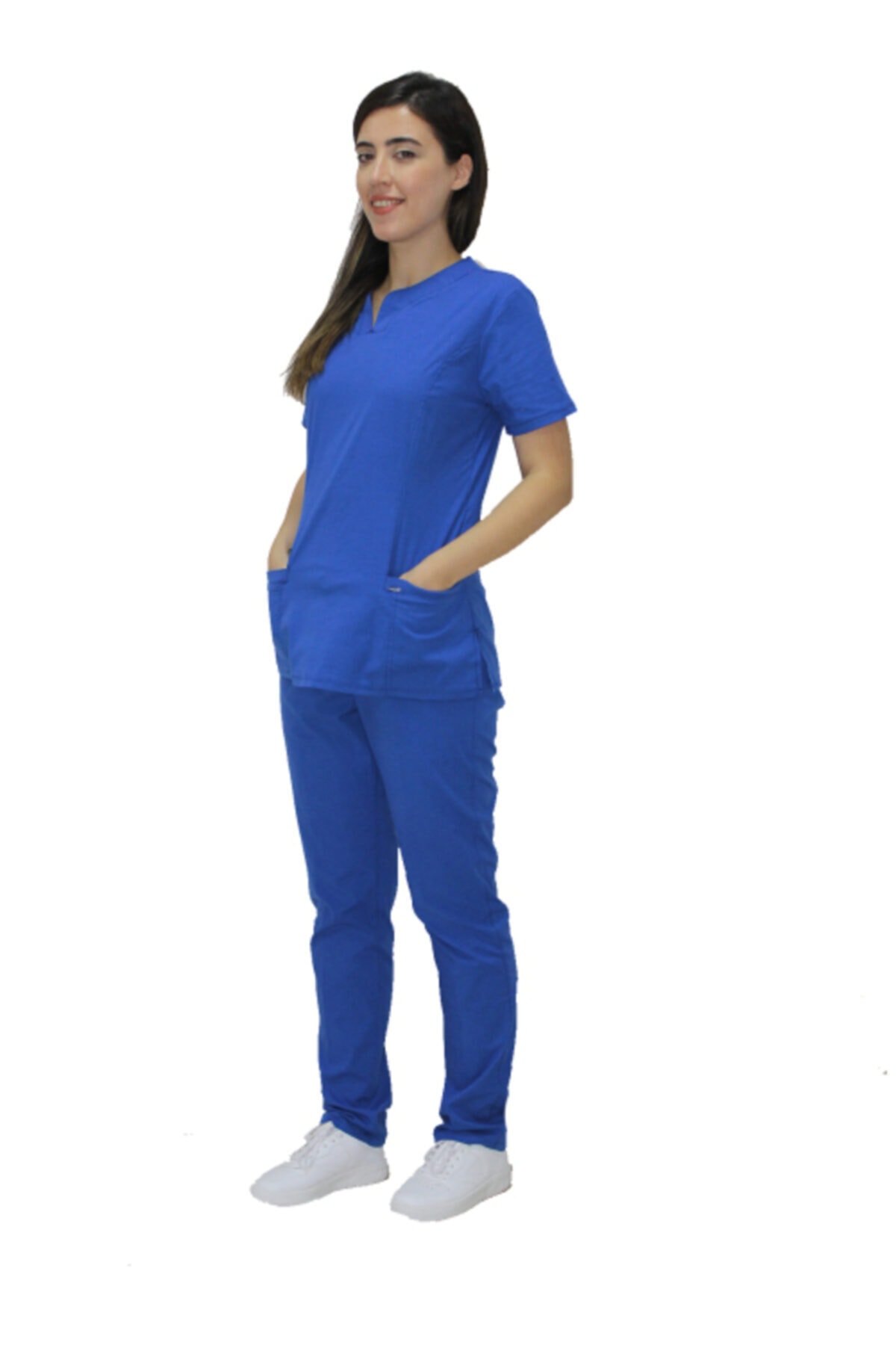 Pratik Medikal Likra Kumaş Saks Mavi Kadın Hemşire, Doktor Forması, Alt-üst Takım (Fermuar Cep/şık Yaka)