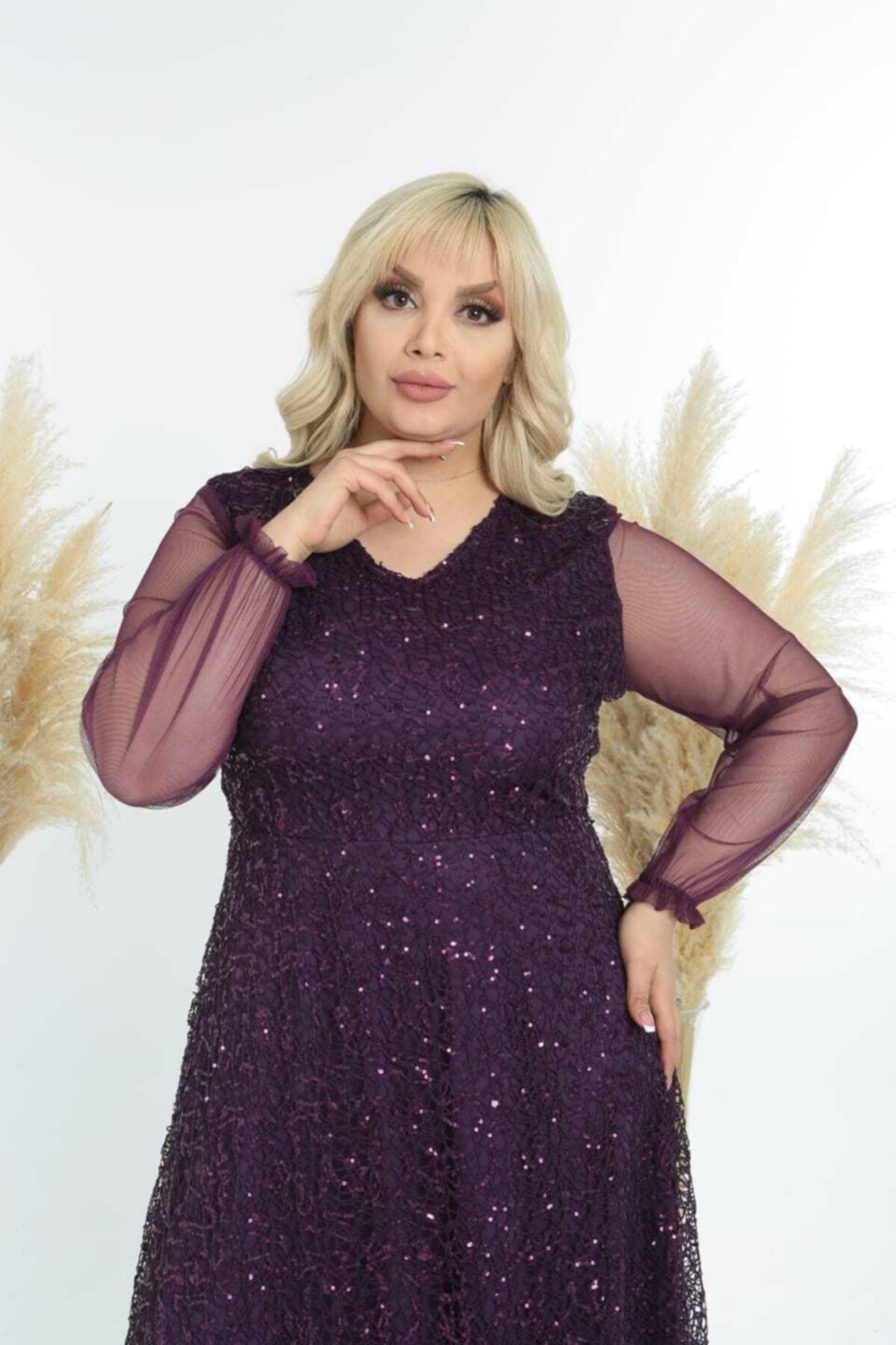 Kadın Mor Kol Tül Detay Ful Pul Payetli Abiye Elbise
