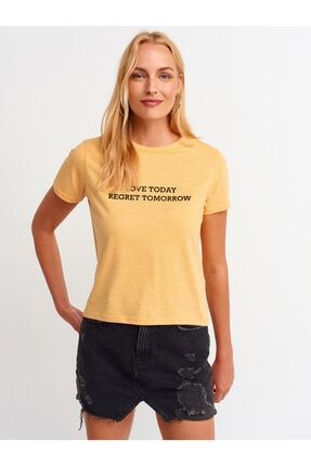 3574 Flok Baskılı Basic T-shirt-oranj 101A03574