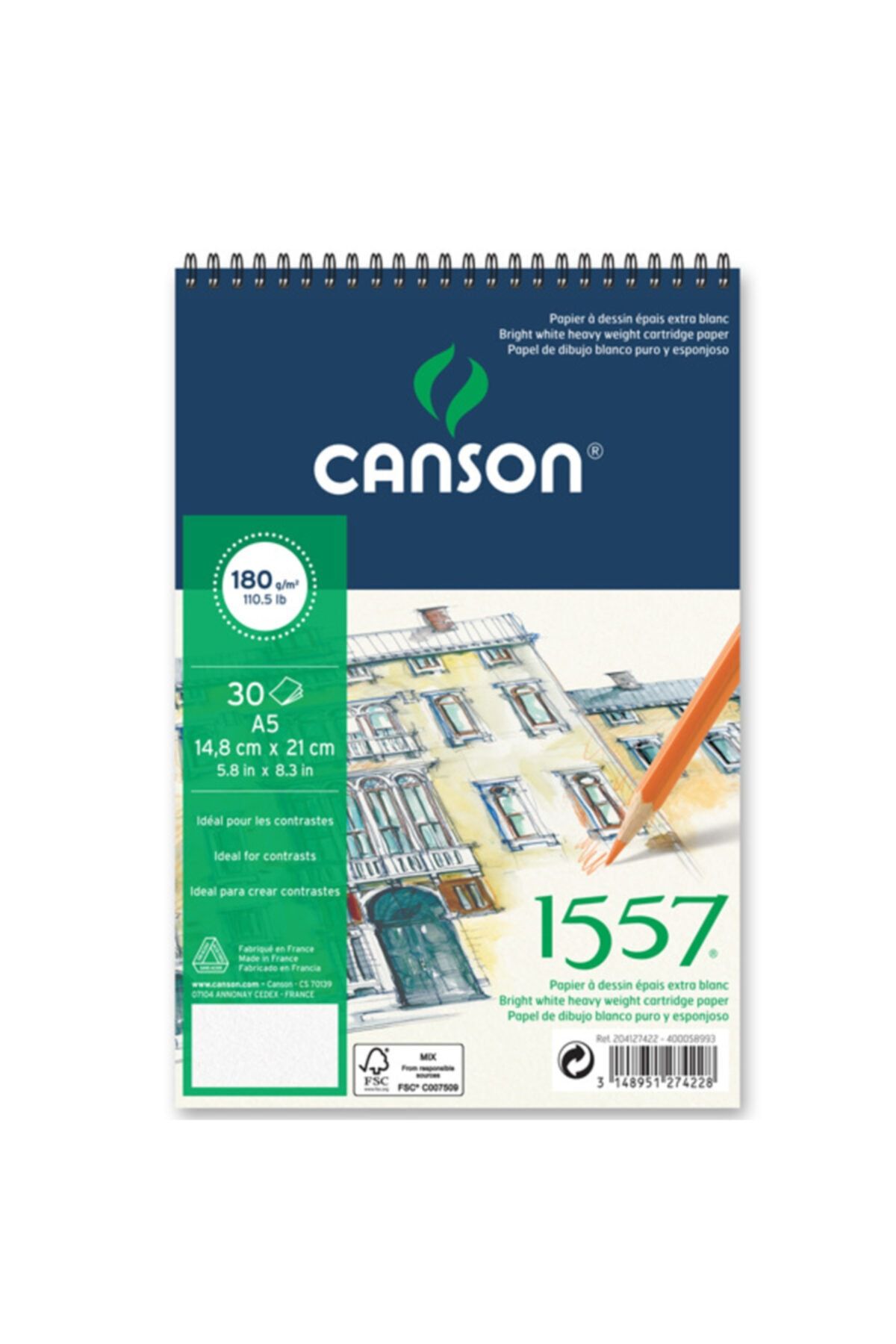 Canson-1557 Model A5 20 Yp - With Painting and Drawing Blocks, 180 Gr Spiral Top Design 1