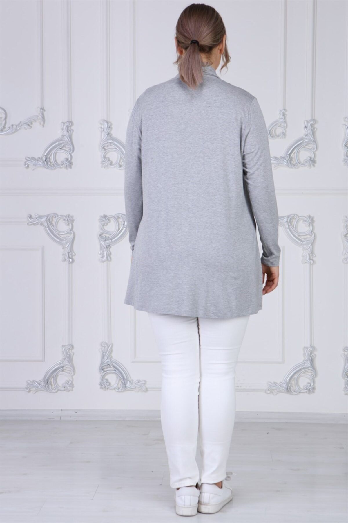Seamoda-Women's Gray Viscose Fabric Turn-down Collar Cardigan 5