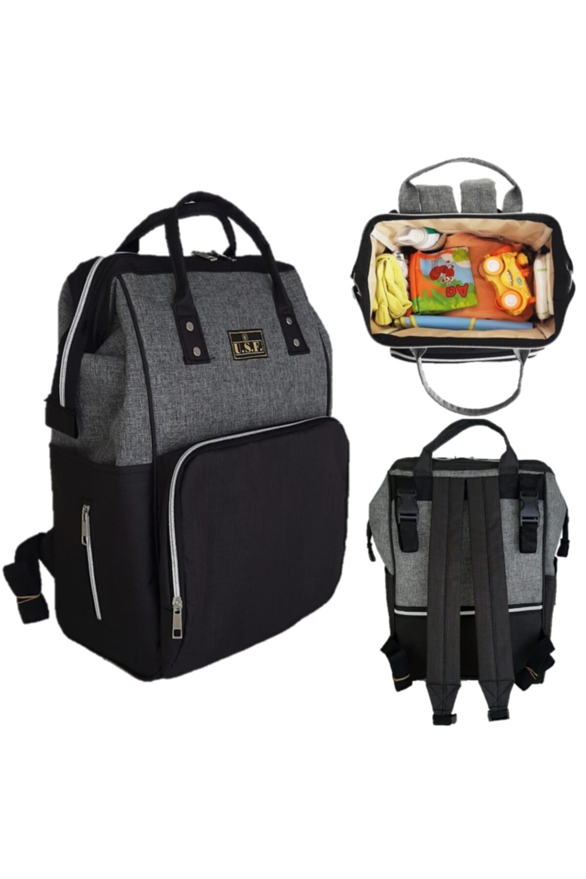 USF Ana Kucağı Puset Bebek Taşıma + Anne Bebek Bakım Çantası - Gri Siyah - Düz Gri Siyah fotoğrafı 2 (önizleme)