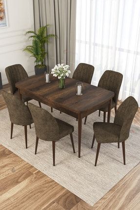 Zeta Mdf Barok Açılabilir Mutfak Masası Takımı/barok Masa 6 Kahverengi Sandalye RVN06ZETABRK