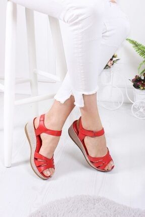 Kadın Kırmızı Hakiki Deri Kadın Comfort Sandalet B029