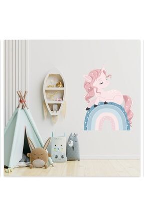 Pembe Gökkuşağında Oturan Yavru Unicorn Çocuk Odası Duvar Sticker arcodu00000067