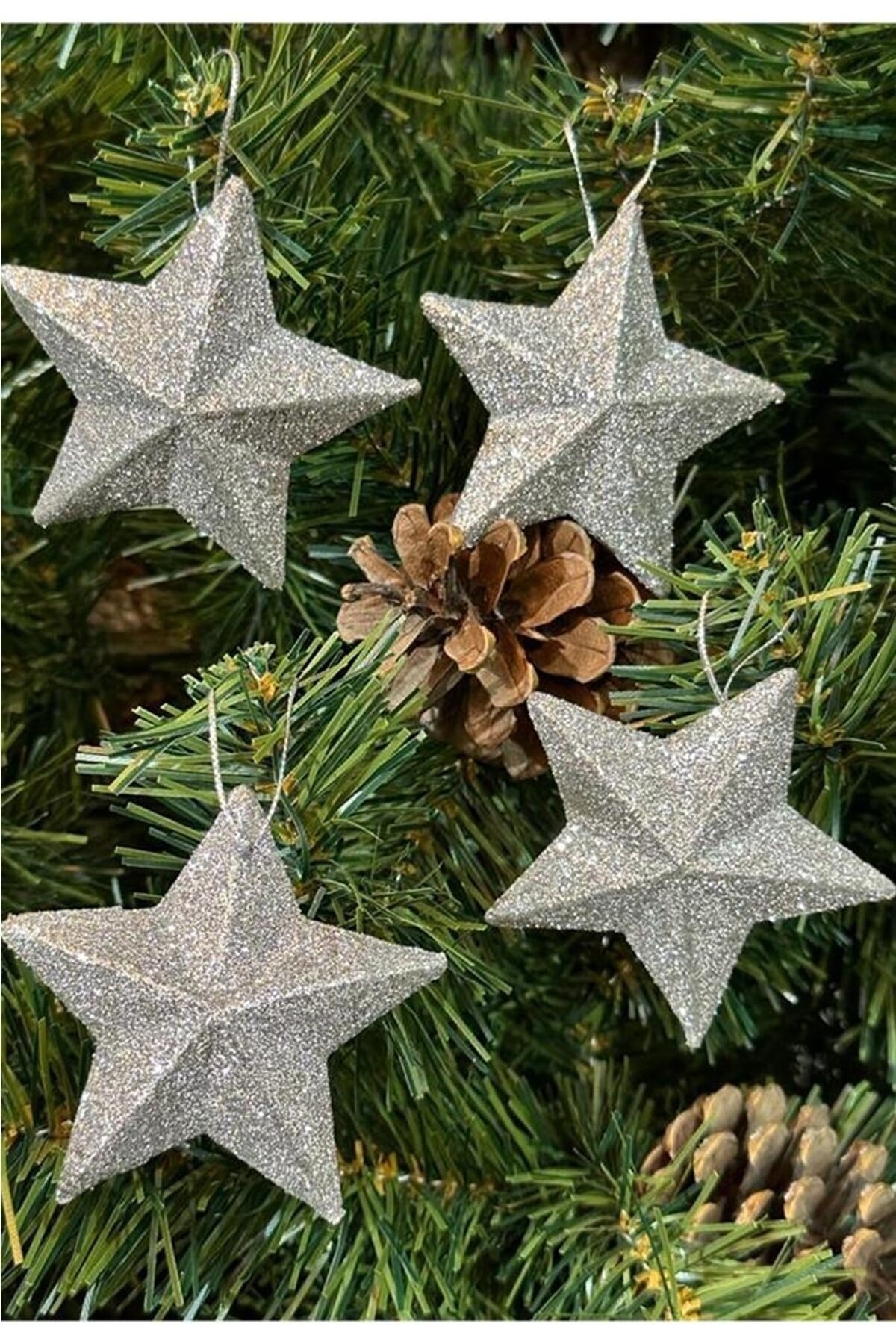 Happyland Yılbaşı Ağacı Süsü 4'lü Gümüş Renkli Yıldız Süs 7 Cm Yıldız Çam Ağacı Süsü