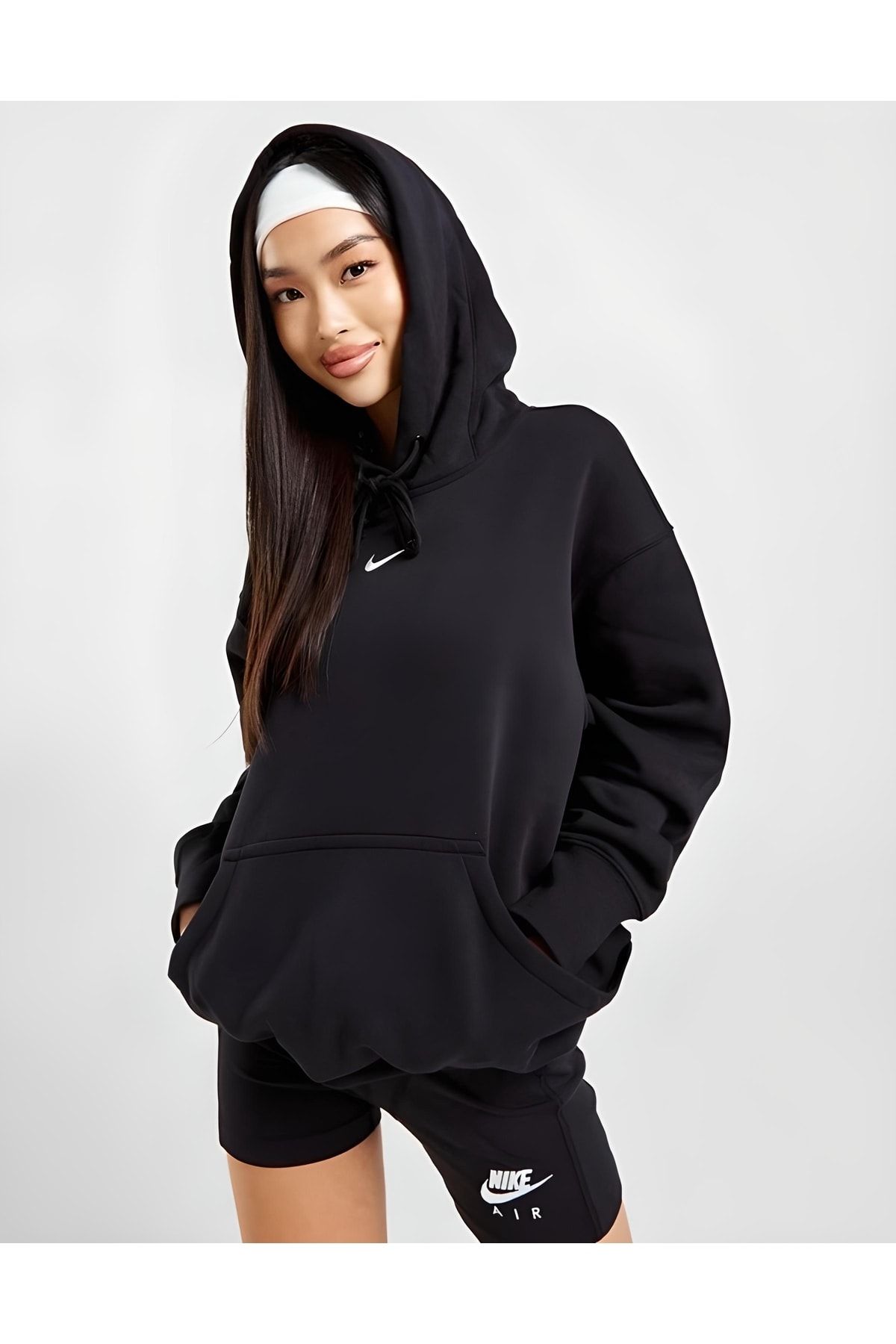 Nike club black swoosh logo hoodie women's discount