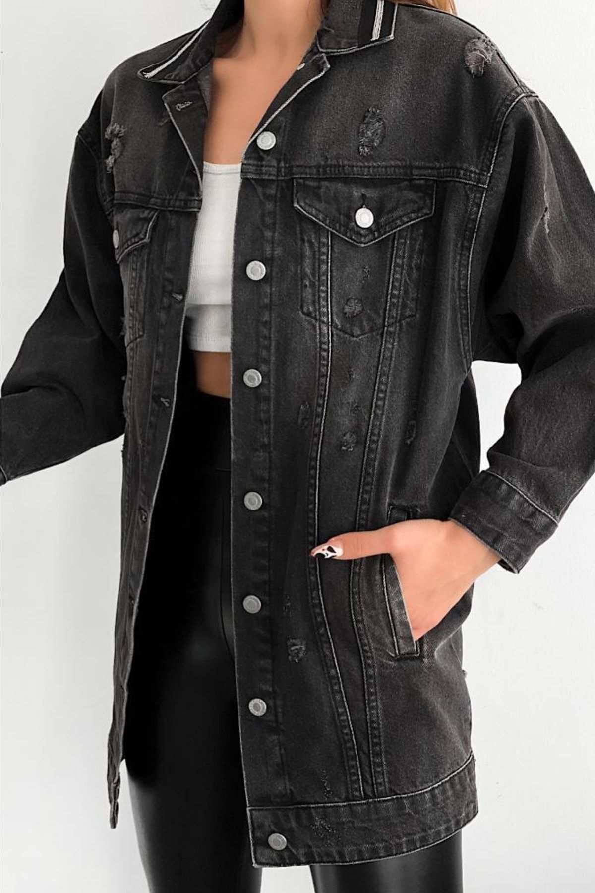 FEMELLE Women s Smoked Collar Stripe Detailed Oversize Denim