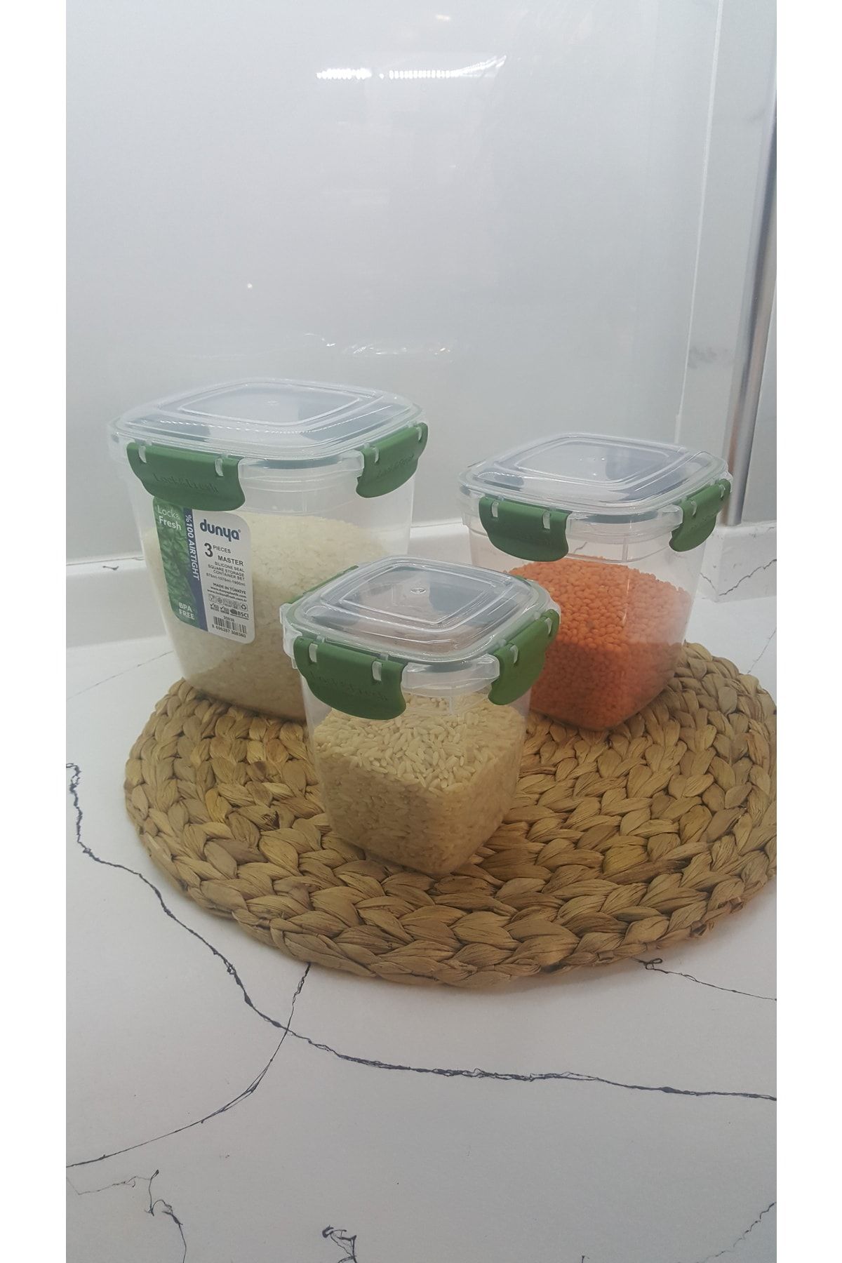 Dünya Plastik-Leak Proof Deep Square Storage Container with Gasket Set of 3 Green (575ml-1075ml-1900ml) 4