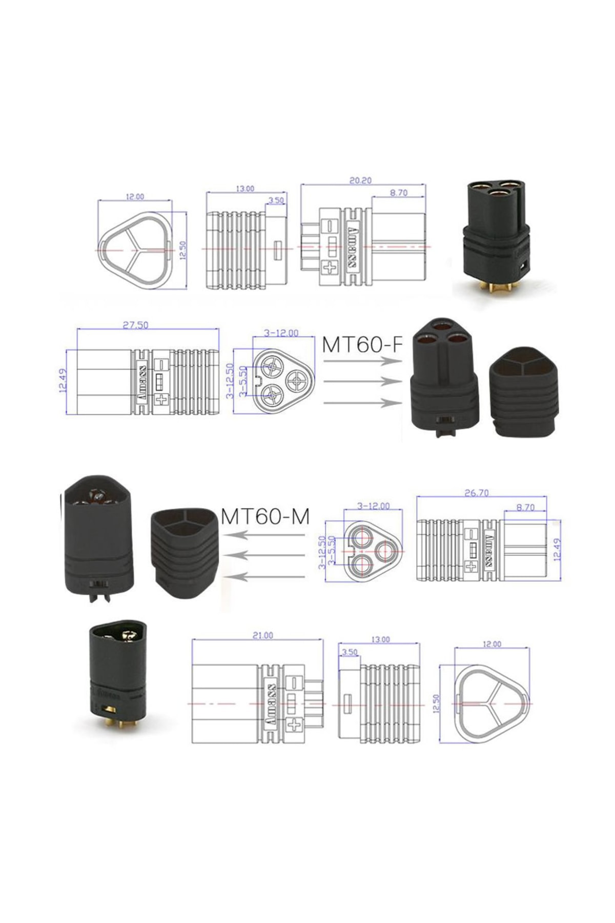 Mt60 3 Pin Dişi Erkek Konnektör Soket Çift Amass 3.5mm 12awg Rc Esc Motor Drone Lityum Lip 8