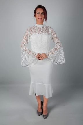 Kadın Abiye Alt Scuba Üst Güpür Detaylı Elbise Beyaz 113