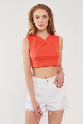 %100 Pamuk Keten Görünümlü Crop Top Turuncu 2206025010NLU