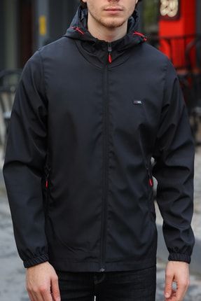 Erkek Siyah Içi Astarlı Suya Dayanıklı Kapüşonlu Cepli Yağmurluk - Rüzgarlık Ceket GY-10