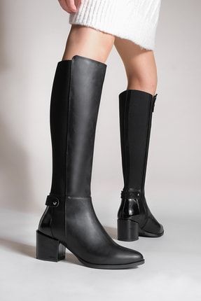 Kadın Topuklu Çizme Dizaltı Streç Lastikli Günlük Klasik Çizme Aret siyah 19K0029SM4604