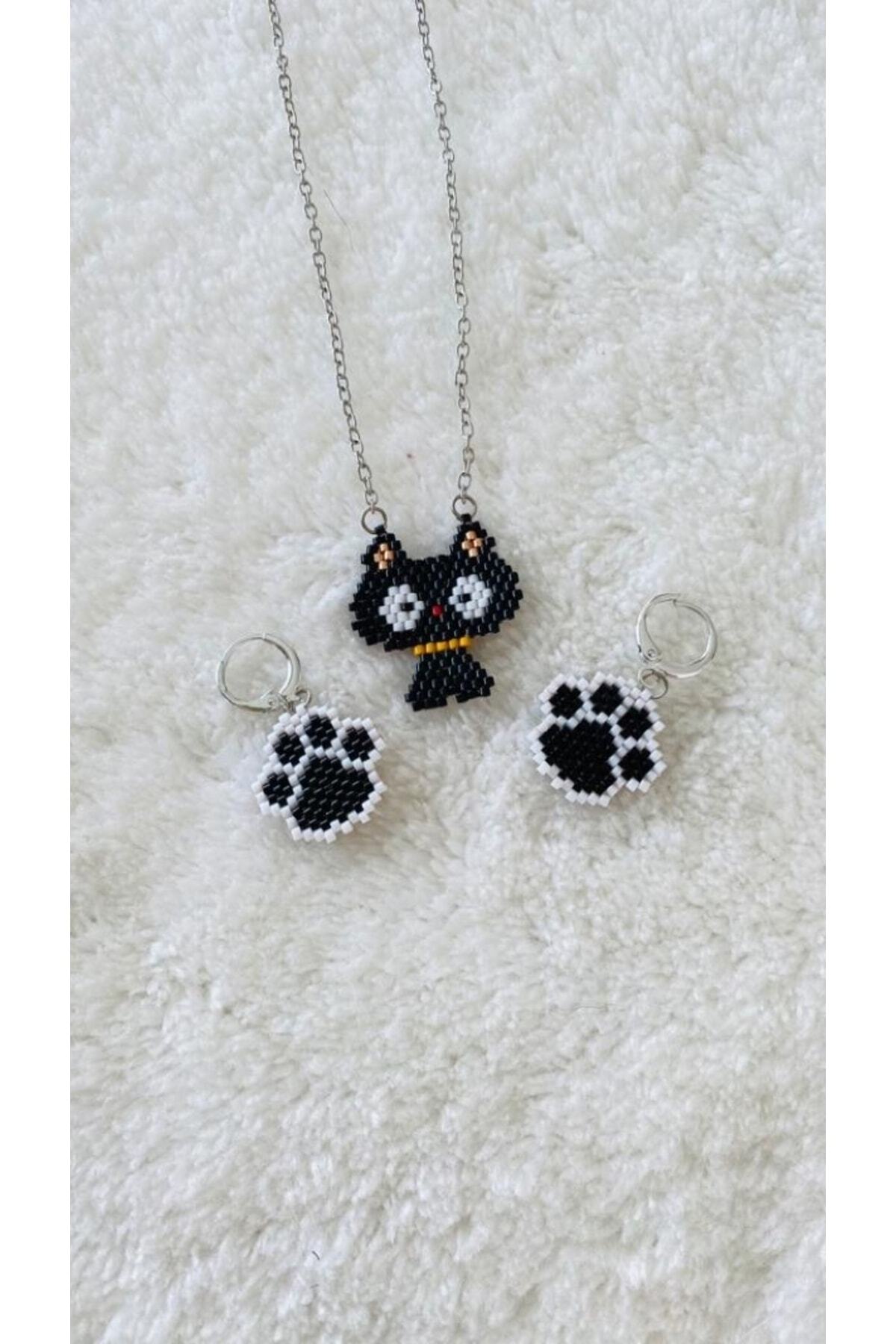 Miyuki Örme Kedi Figür Kolye Ve Pati Küpe Takım 5