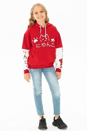 Kız Çocuk Kedi Baskılı Kanguru Cepli Sweatshirt 1000146