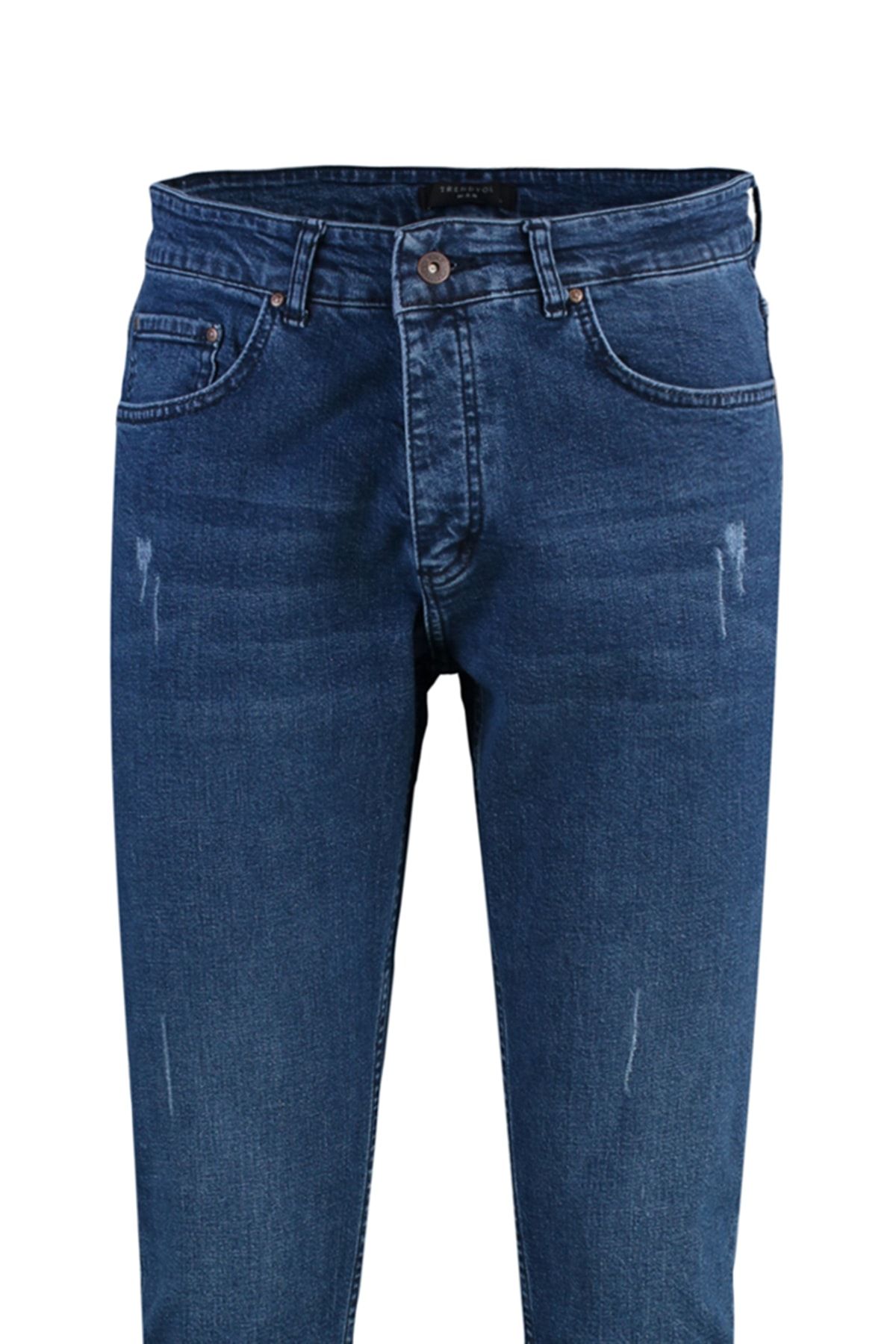 Lacivert Erkek Esnek Kumaş Tırmık Destroylu Slim Fit Jeans Kot Pantolon TMNSS21JE0067