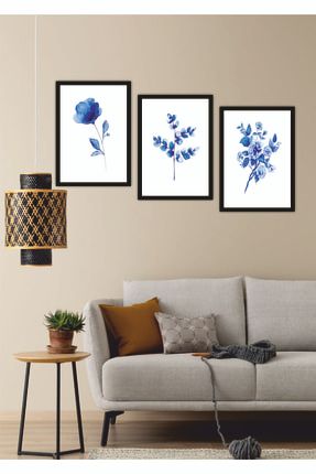 3 Parça Ev Dekorasyon Mutfak Salon Yatak Odası Mavi Çiçek 3' Lü Çerçeve Görünümlü Mdf Tablo Set 437