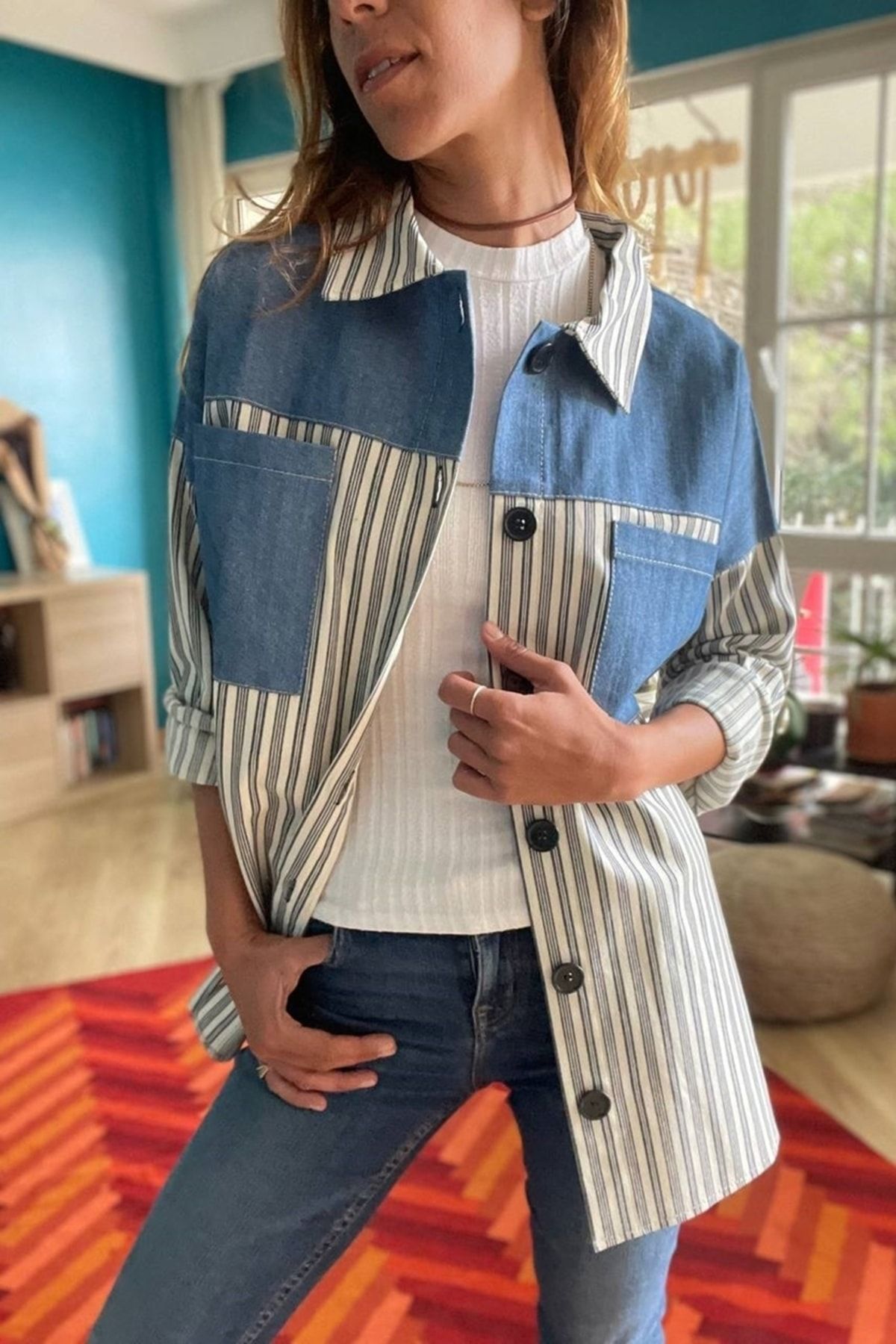G ne k z Women s Ecru blue Denim Buttoned Oversize Shirt Bst3285