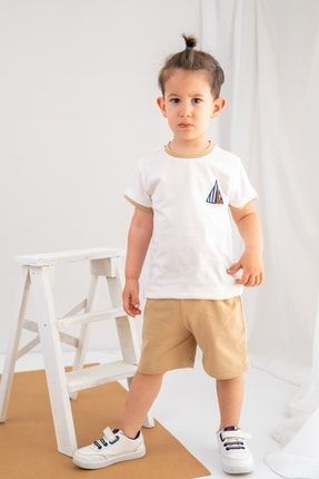 Erkek Bebek Ekru Yelken Desenli Çıtçıtlı T-shirt Ve Cepli Şort Takım (6AY-4YAŞ) 211M1BMV77