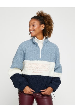 Koton Peluş Oversize Sweatshirt Yakası Fermuarlı Slogan Işlemeli