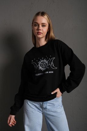 Kadın Oversize Güneş Ve Ay Baskılı Sweatshirt TW-GNSAYSWT