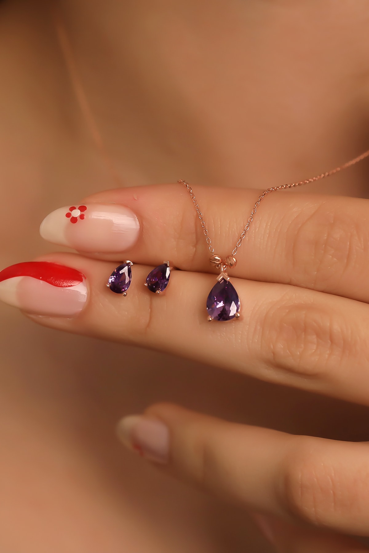 LINTERNA 925 Ayar Gümüş Ametist Taşlı Damla Kolye Küpe Set