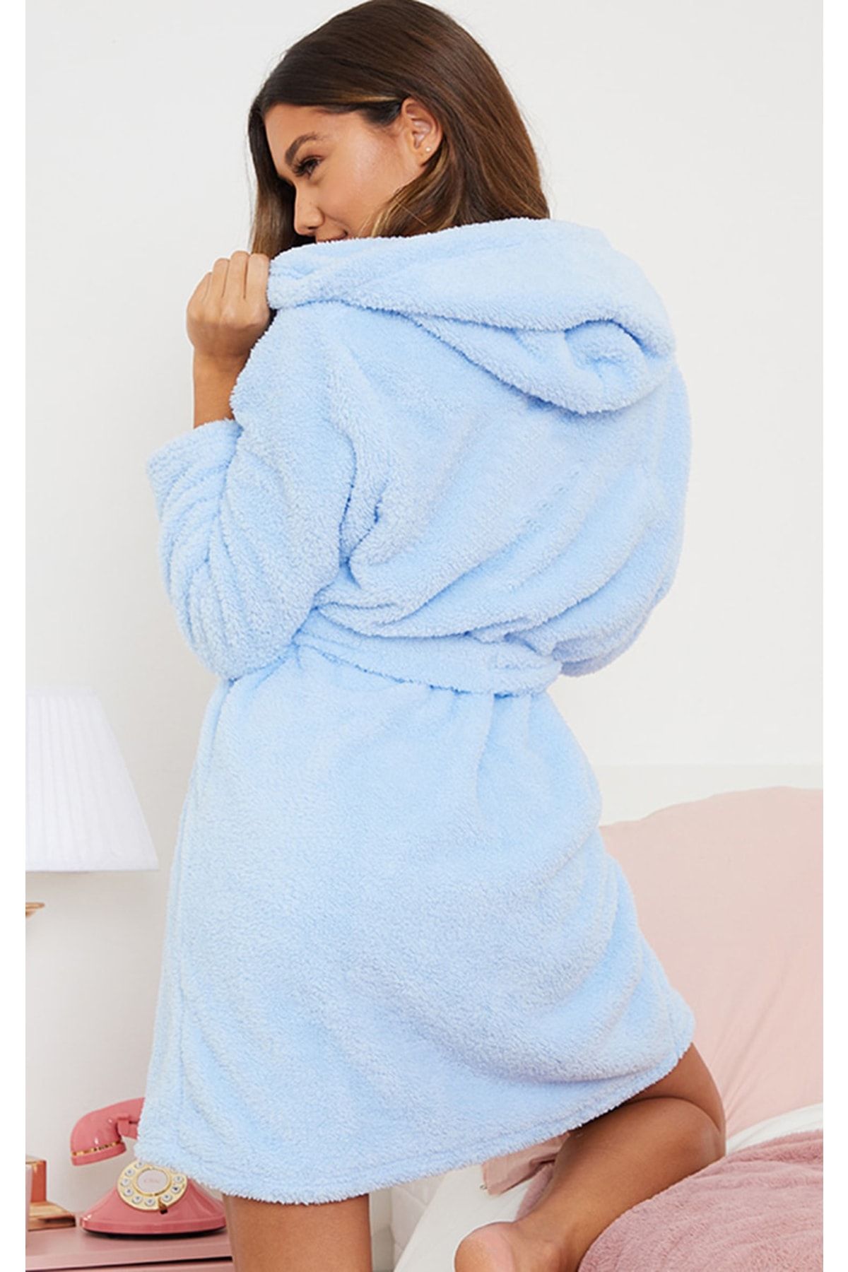 CAQQA Super Soft Light Blue Hooded Welsoft Dressing Gown Trendyol