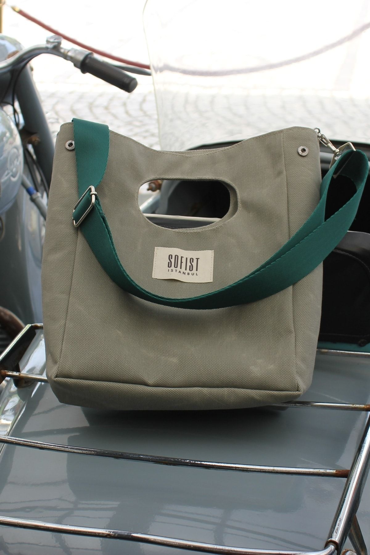 Sofist İstanbul Su Yeşili Mineur Waxed Canvas Tote Bag Ayarlanabilir Askılı Mumlu Kanvas Kadın El Ve Omuz Çantası