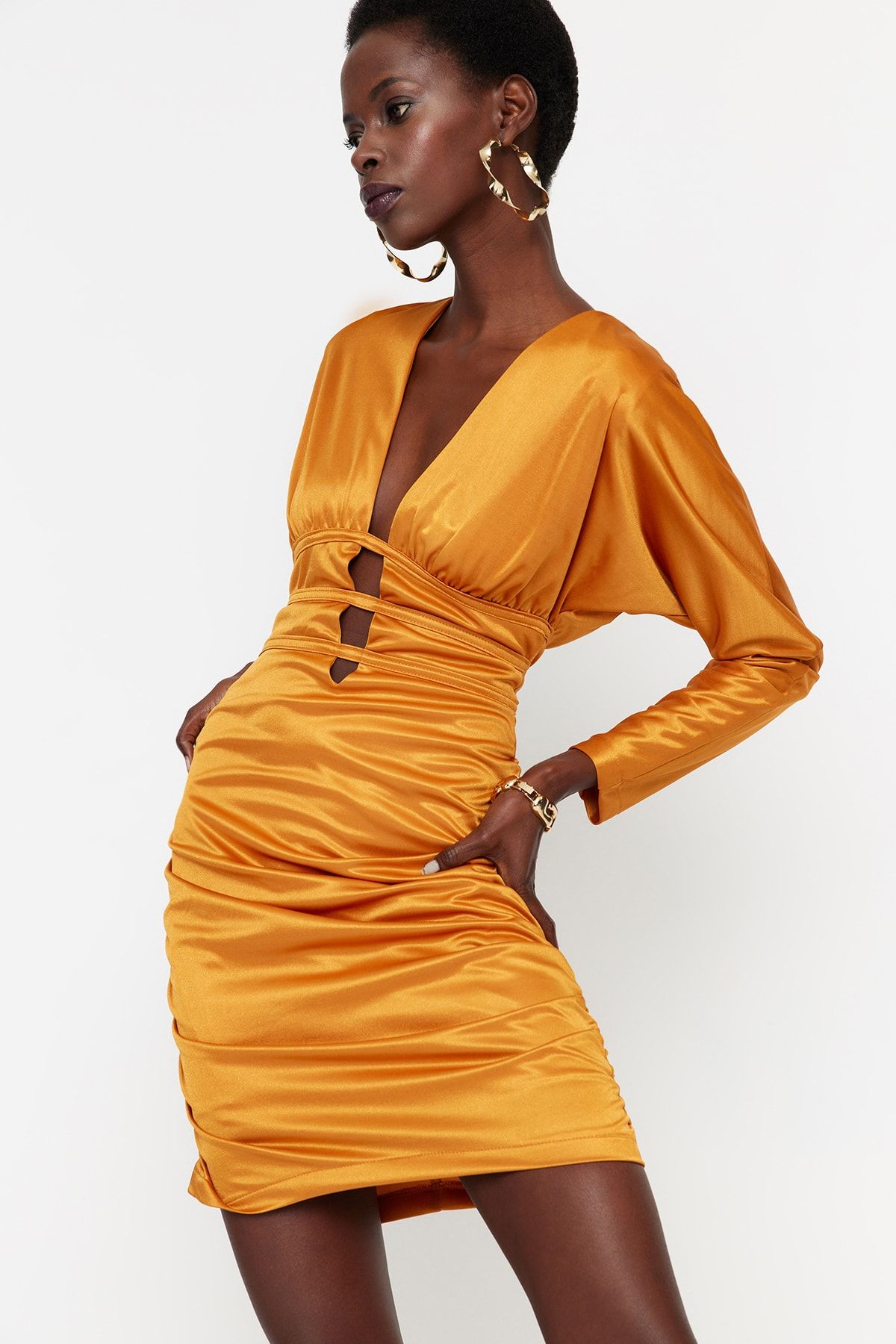 Orange silky long sleeve panelled hot sale dress