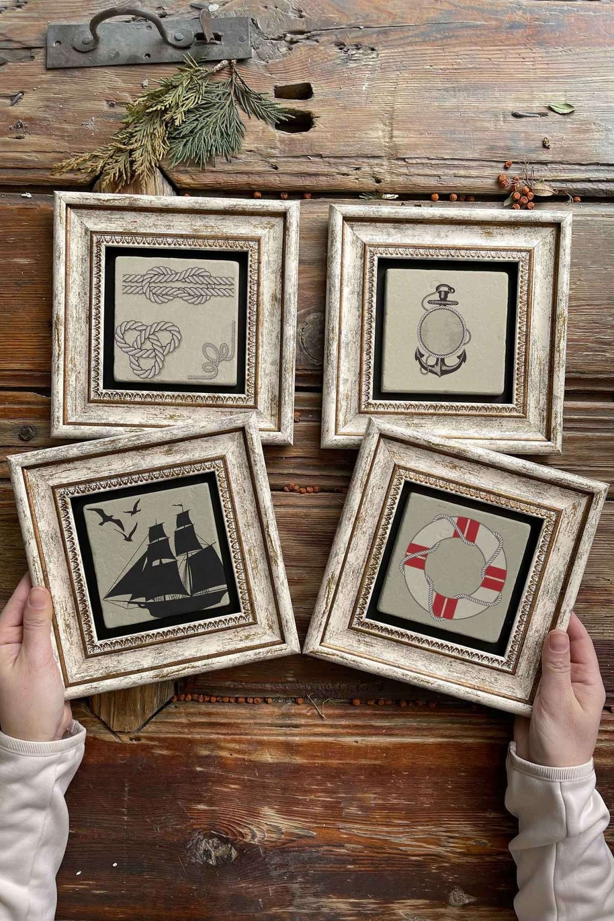 Framed Stone Painting Wall Decor 20x20cm Set of 4 Sailors Set