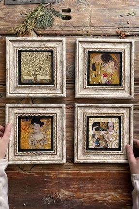Çerçeveli Taş Tablo Duvar Dekoru 20x20cm 4'lü Set Gustav Klimt Son Öpücük 4-4CDD-559