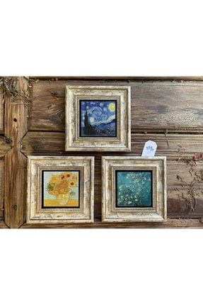 Çerçeveli Taş Duvar Dekoru Tablo 3'lü Set 20x20cm Vincent Van Gogh Sunflowers 3CDD-40-413
