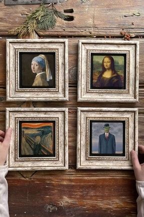 Çerçeveli Taş Tablo Duvar Dekoru 20x20cm 4'lü Set Çığlık Mona Lisa Inci Küpeli 4-4CDD-575