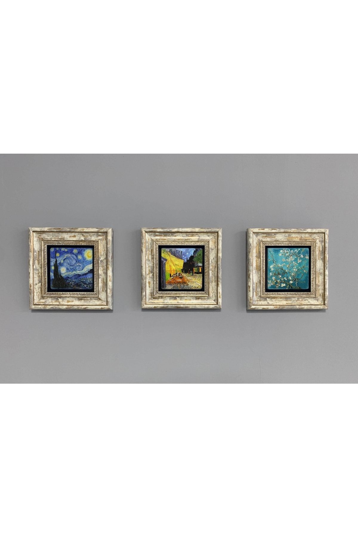 Oscar Stone Decor Çerçeveli Taş Duvar Dekoru Tablo 3'lü Set 20x20cm Vincent Van Gogh Yıldızlı Gece GX11970